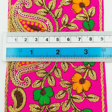 Fuchsia Pink Art Silk Fabric Trim With Intricate Floral Embroidery, Approx. 90mm wide, Trim By Yard Decorative Sari Border
